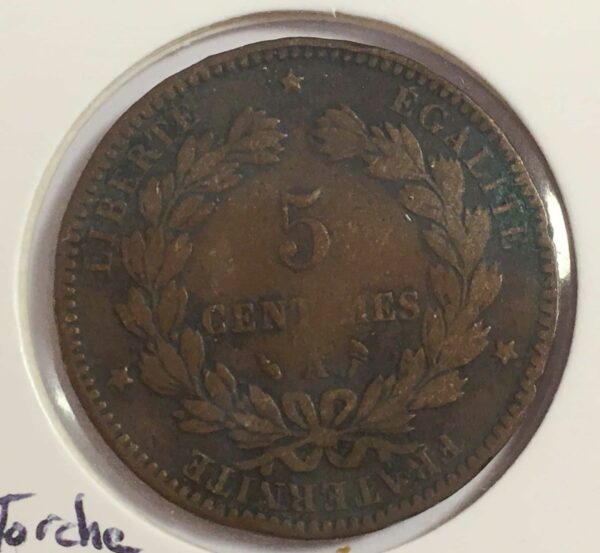Belle et rare monnaie de 5 centimes Cérès 1896 A Torche